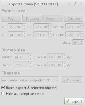 Jendela pengaturan Export Bitmap